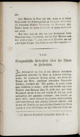 VIII. Geognostische Uebersicht über die Alpen in Helvetien.