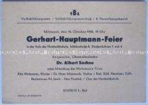 Einladung zu einer Feier zum Andenken an Gerhard Hauptmann
