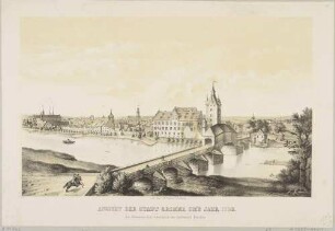 Grimma südöstlich von Leipzig, mit dem Schloss und der Pöppelmannbrücke, Blick vom östlichen Muldeufer, nach der Stadtansicht in Schramms Merkwürdigste Brücken aus allen vier Theilen der Welt von 1735