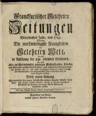 14: Franckfurtischer gelehrten Zeitungen Vierzehendes Jahr
