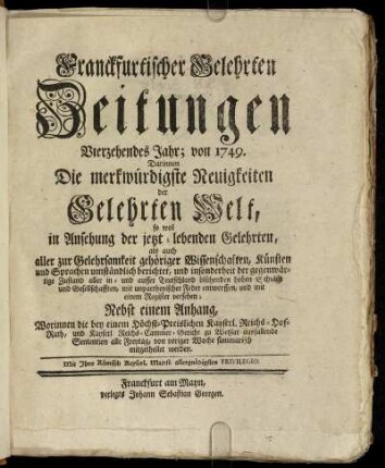14: Franckfurtischer gelehrten Zeitungen Vierzehendes Jahr