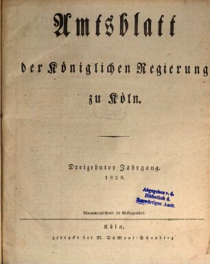 Amtsblatt für den Regierungsbezirk Köln. 1828