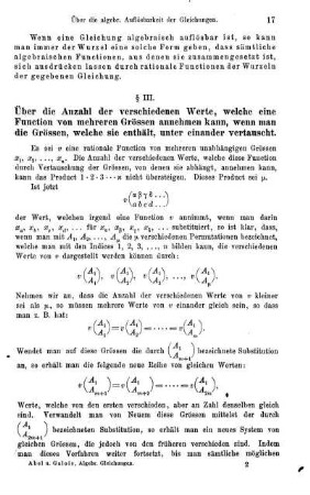 § III. Über die Anzahl der verschiedenen Werte, welche eine Function von mehreren Grössen annehmen kann, wenn man die Grössen, welche sie enthält, unter einander vertauscht.