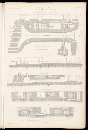 Dockbauten, Birkenhead: Grundriss, Längsschnitte, Querschnitt (aus: Atlas zur Zeitschrift für Bauwesen, hrsg. v. G. Erbkam, Jg. 15, 1865)