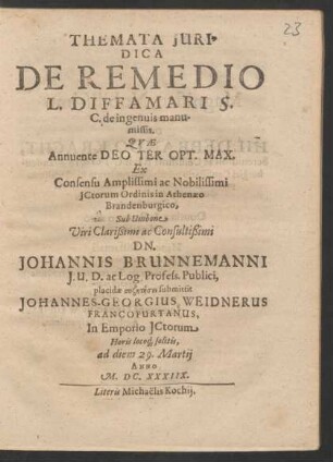 Themata Iuridica De Remedio L. Diffamari S. C. de ingenuis manumissis