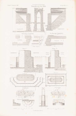 Moselbrücke, Eller: Grundrisse, Schnitte, Details, Pfeiler (aus: Atlas zur Zeitschrift für Bauwesen, hrsg. v. L.v.Tiedemann, Jg. 33, 1883)