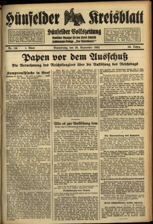 Erste Ausgabe vom Donnerstag, den 29. September 1932.