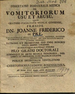 Dissertatio Inauguralis Medica De Vomitoriorum Usu Et Abusu