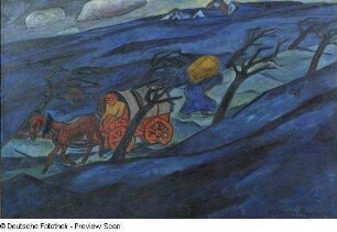 Pferdefuhrwerk in blauer Landschaft