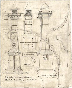 Thiersch, August ; Transformationsstationen, Masttransformatoren, Entwürfe - Grundriss, Teilansichten, Schnitt, Perspektive, Details
