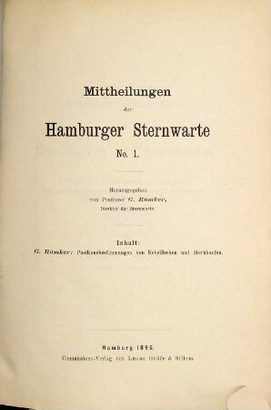 Mitteilungen der Hamburger Sternwarte in Bergedorf. 1. 1895 = Bd. 1