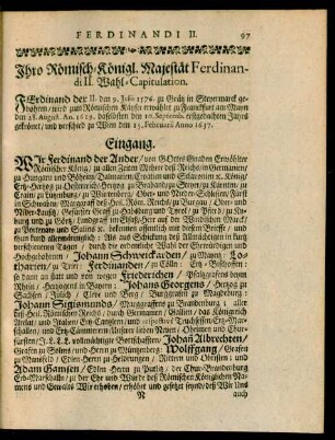 Ihro Römisch-Königl. Majestät Ferdinandi II. Wahl-Capitulation