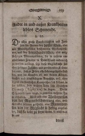 X. Andre in und außer Krankheiten leblos Scheinende.