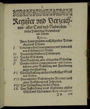 Register und Verzeichnus/ aller Ttitul und Rubricken/ dieses Politischen Bedenckens/ und Discurs.