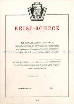 Reise-Scheck als Auszeichnung "für hervorragende Leistungen im sozialistischen Wettbewerb" (blanko)