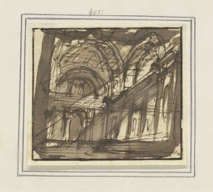 Skizze zu einem Bühnenbild, Blick in eine gewölbte Vorhalle mit Kolonnaden