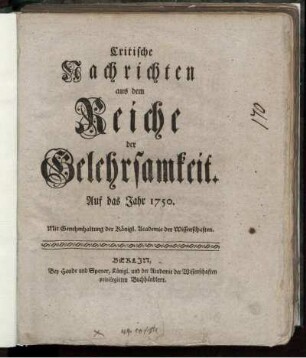 1750: Critische Nachrichten aus dem Reiche der Gelehrsamkeit