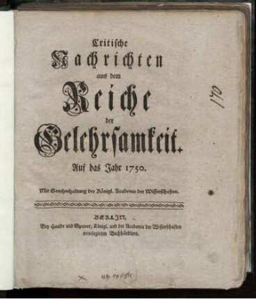 1750: Critische Nachrichten aus dem Reiche der Gelehrsamkeit