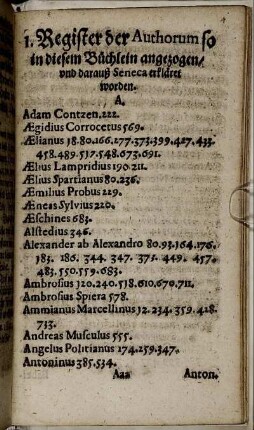 1. Register der Authorum so in diesem Büchlein angezogen/ und darauß Seneca erkläret worden.