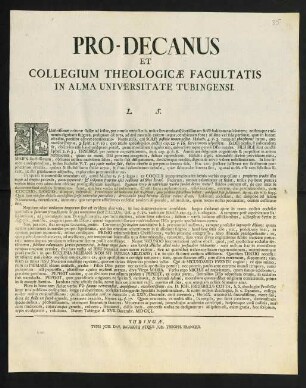Pro-Decanus Et Collegium Theologicae Facultatis In Alma Universitate Tubingensi. L. S.