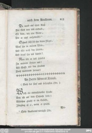 An Herrn Advocat Krause. (Nach der fünf und sechzigsten Ode.)