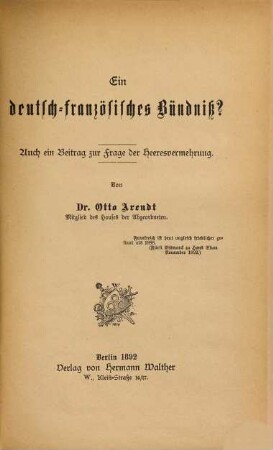 Ein deutsch-französisches Bündniss?