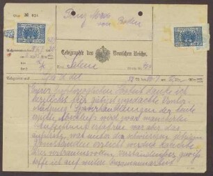 Telegramm von Walter Simons an Prinz Max von Baden; Ende bzw. Ergebnis der Verhandlungen in Spa