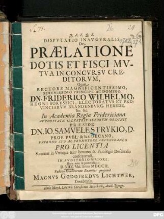 Dispvtatio Inavgvralis De Prælatione Dotis Et Fisci Mvtva In Concvrsv Creditorvm