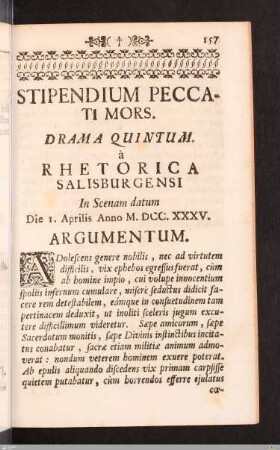 Stipendium Peccati Mors. Drama quintum. Argumentum.