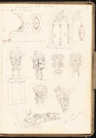 Skizzenbuch 1901: Stiftskirche in Wimpfen im Tal: Fenster, Kapitelle, Bauskulptur im Kreuzgang, Ansichten, perspektivische Ansichten