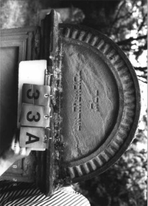 Grabstein 33 (Index: 100110895) Material: Sandstein Zustand: stark verwittert im Giebel, Abschieferungen im unteren Teil Maße HxBxT: 166x75x28 cm Beschreibung: Stele, Sockel, Rundbogenabschluß mit Zahnradfries und Verdachung, Schriftfelder eingetieft: Grabstein 33A