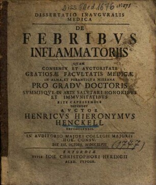 Dissertatio Inavgvralis Medica De Febribvs Inflammatoriis