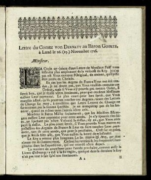 Lettre du Comte von Dernati au Baron Goertz