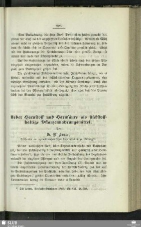 Ueber Harnstoff und Harnsäure als stickstoffhatige Pflanzennahrungsmittel
