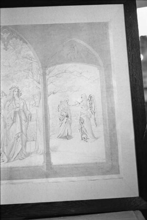 Rietschel, Ernst: Gedenkblatt für die Dresdner Freunde (Tanzpaar). Bleistift, Pinsel, Bleiweißhöhung (oxydiert) / elfenbeinfarbiges Velin; 51,4 x 70,7 cm. Aug. 1826. Mittelteil und rechter Teil des Blattes. Pulsnitz, St.-Nicolai-Kirche, WVZ 168