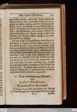 IV. Von verbundenen Munde. oder Spasmo Maxillarum, Kinnbacken-Krampf.