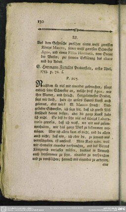 III. Aus dem Gespräche zwischen einem wohl gereisten Könige Mascos, seiner wohl gereisten Schwester Agos, und einem Filius Hermetis, vom Steine der Weisen; zur fernern Erklärung des chaos und der Arbeit
