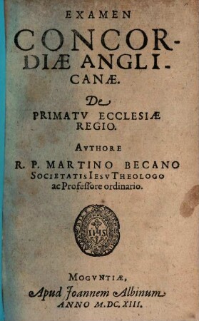 Examen Concordiae Anglicanae, De Primatv Ecclesiae Regio