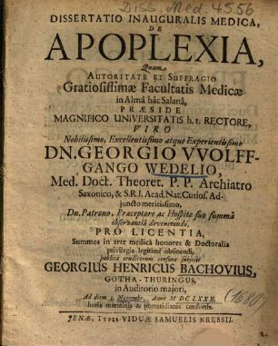 Dissertatio Inauguralis Medica, De Apoplexia