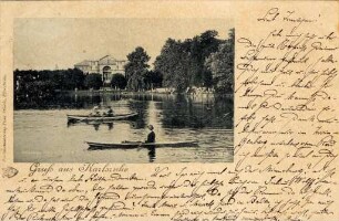 Postkartenalbum mit Motiven von Karlsruhe. "Gruß aus Karlsruhe. Stadtgartensee". Stadtgartensee und Eingang der Festhalle