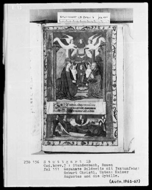 Lateinisch-französisches Stundenbuch (Livre d'heures) — Bildseite mit zwei Miniaturen und Textanfang, Folio 111recto