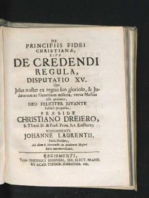 Disputatio XV. Respondente Christiano Dreiero.