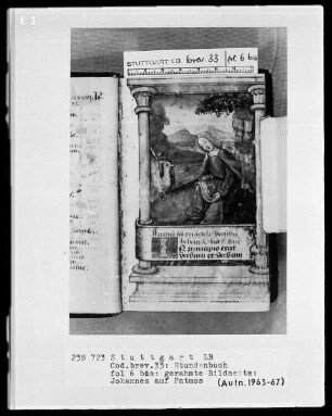 Lateinisch-französisches Stundenbuch — Johannes auf Patmos mit Textanfang in einer Kartusche, Folio 6recto