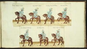 Aufzug zur Fastnacht 1609 in Dresden : Herzog August zu Sachsen, Herzog Albrecht zu Holstein, Hans Georg von Schönberg, Otto von Groben, Hans Friderich von Bürckersroda, Ernst Abraham Dehne, Hans Caspar von Cannawurf als Reiter in blauen Gewändern. 38. Part, Blatt 103 aus: Abriß und Verzeichnis aller Inventionen und Aufzüge, welche an Fastnachten Anno 1609 im kurfürstl. Schlosse zu Dresden aufgeführt wurden. Deckfarben; ca. 28,9 x 52,7 cm. Dresden: SLUB Mscr.Dresd.J.18