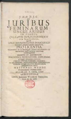 De Iuribus Feminarum Singularibus In Feudis : Collatio Iuris Communis Cum Pomeranico