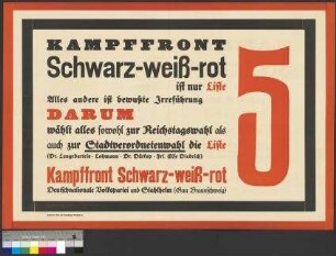 Wahlplakat der DNVP und des Stahlhelms (Kampffront Schwarz-weiß-rot) zur Reichstagswahl und Stadtverordnetenwahl am 5. März 1933