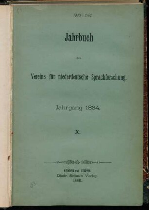 10.1884: Jahrbuch des Vereins für Niederdeutsche Sprachforschung
