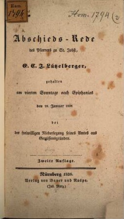 Abschieds-Rede, gehalten am vierten Sonntage nach Epiphanias den 28. Jan. 1838 ...