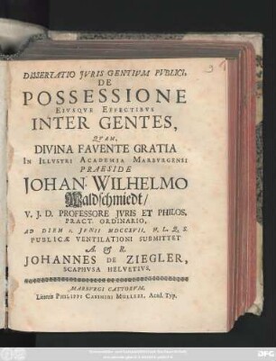 Dissertatio Jvris Gentivm Pvblici, De Possessione Eivsqve Effectibvs Inter Gentes
