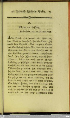26. Gleim an Lessing. Halberstadt, den 28. Febr. 1759